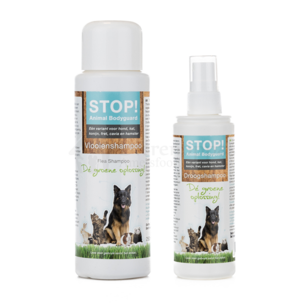 STOP! anti vlooienshampoo droogshampoo tegen vlooien kat hond natuurlijk alternatief voor gif