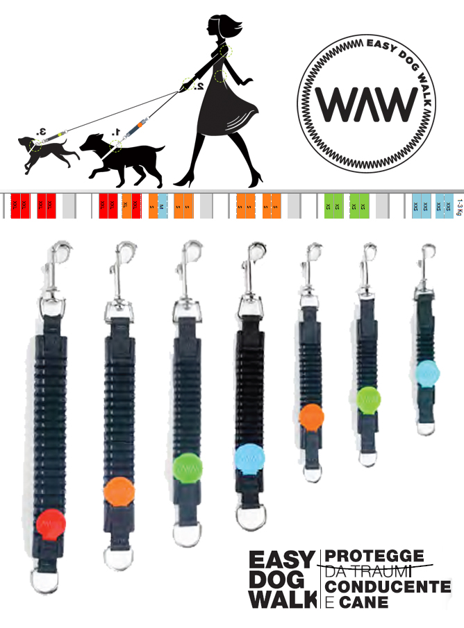 WAW Easy Dog walk anti-trek elastische hondenriem. Bungee anti shock trekveer met elastiek lijn. Schokdemper hond riem met anti-trek tussenstuk halsband tegen trekken Italie