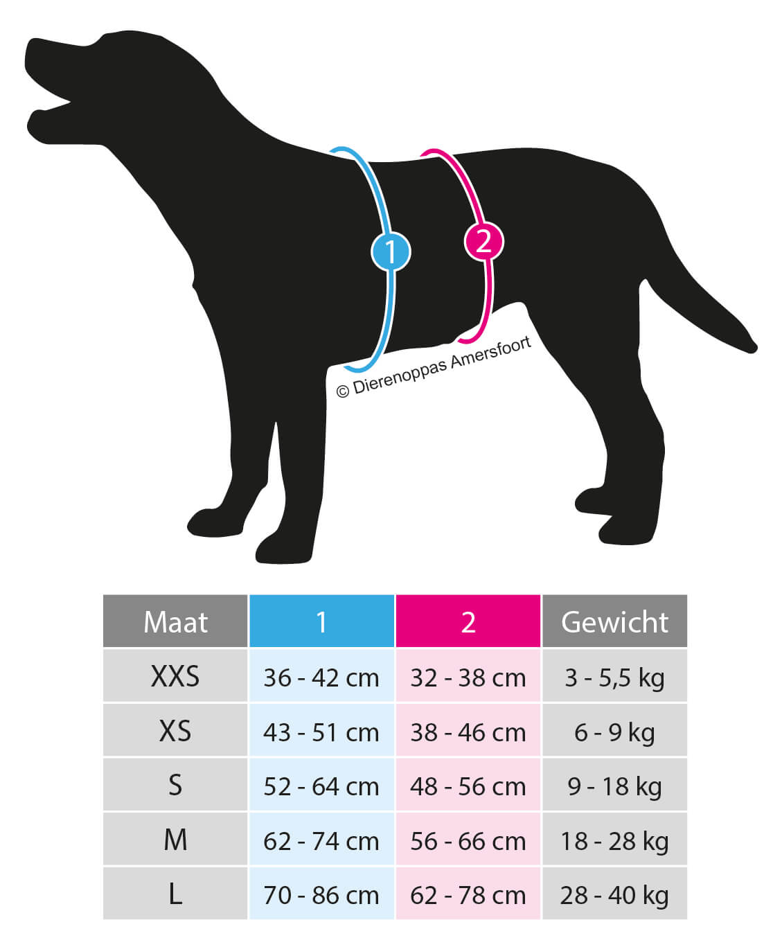 Maattabel Anny-X safety tuig hoe hond meten anti-ontsnappingstuig veiligheidstuig