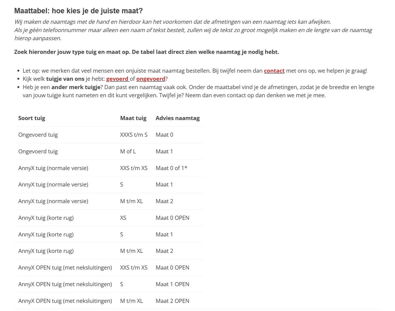 Maattabel naamtag naamlabel tuig hond