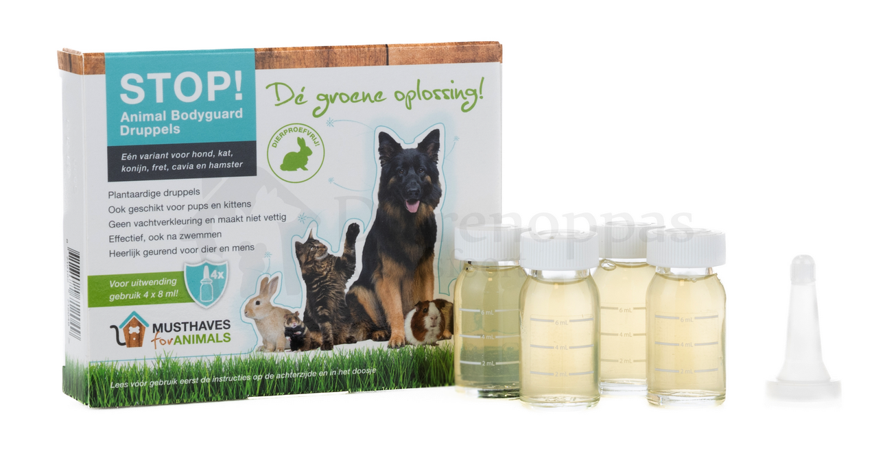 STOP! Animal bodyguard – Natuurlijke tekendruppels vlooiendruppels tekendruppels pipet pipetten homeopatisch alternatief honden katten